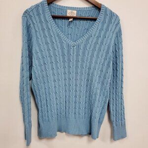 St Johns Bay‎ Womens V Neck Cable Knit Sweater Size 1X Blue Fisherman Preppy